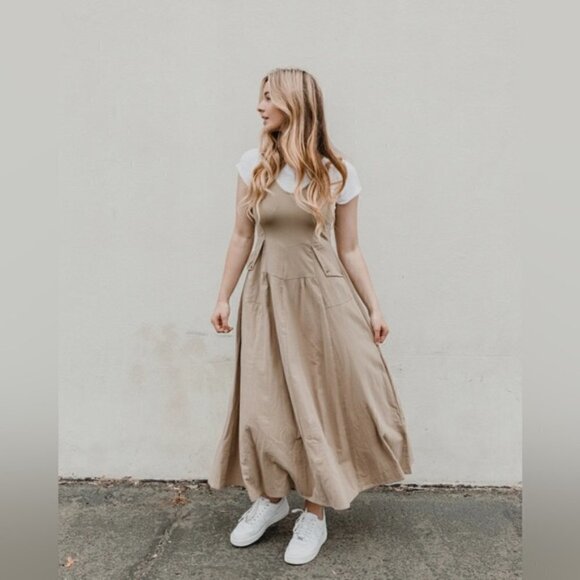 Free People Soledad Midi Dress in Khaki size S - Picture 3 of 11